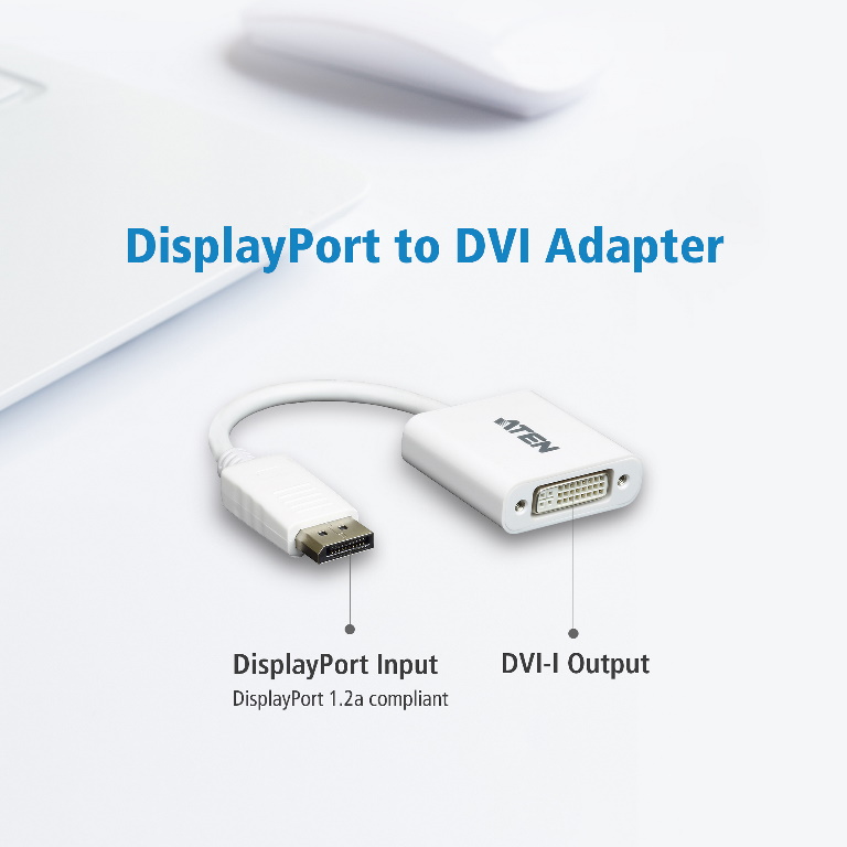 Aten DisplayPort to DVI Adapter, Converts DisplayPort signals to DVI output, DisplayPort 1.2 a compliant, Supports VGA, SVGA, XGA