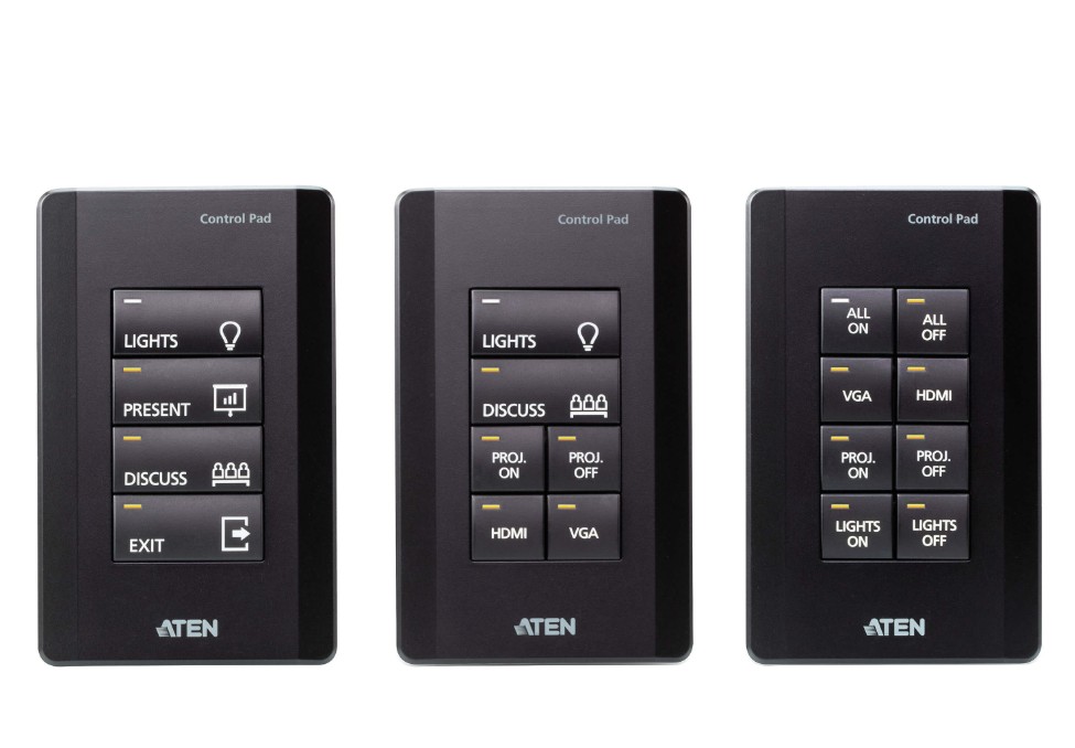 Aten 8 Button Control Pad in black color with 1 Gang US wall plate, 2 RS232, 2 relay, 1 Digital I/O and Ethernet connection support, 14 button layouts