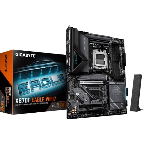 Gigabyte X870E EAGLE WIFI7 AM5 ATX, Ryzen 9000/8000/7000, 4×DDR5 256GB, PCIe 5.0 M.2, USB4, Wi-Fi 7, 5GbE LAN, ALC1220, HDMI, Q-Flash Plus